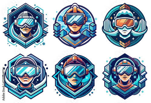 VR logo set or emblem collection with gamer wearing futuristic vr headset immersing in cyberspace filled with abstract geometric shapes and elements, embodying excitement of virtual reality gaming