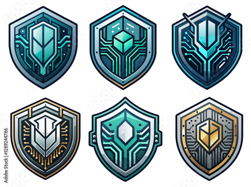 Metallic shield with electronic circuits protecting digital data, cyber security logo set, collection robust cyber security and data protection in modern technological landscape