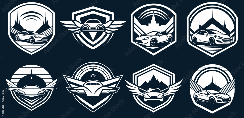 Modern flying car logo set with wings depicted on shield shaped aerocar emblem collection, innovative transportation solutions and the future of urban mobility Modern flying car logo set with wings depicted on shield shaped aerocar emblem collection, innovative transportation solutions and the future of urban mobility
