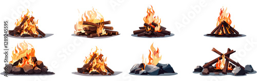 Vector set of campfire, fire places, bonfire, burning wood, flames, outdoor fire, survival fire, campsite fire, firewood, hiking fire, ember, heat, warmth, glowing flame