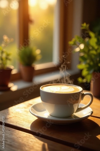 Wallpaper Mural Sunny morning scene with a steaming hot cappuccino and a wooden table, cappuccino, cup Torontodigital.ca