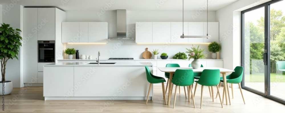 Fototapeta premium Modern white kitchen, emerald green bar stools and dining set , bar stools, kitchen island, green and white kitchen