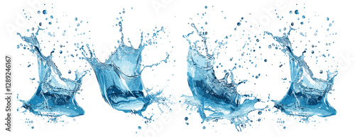 Fresh water splashing vector set, clear liquid splash, aqua drops, blue wave motion, dynamic water flow, transparent splash effect, realistic water elements, clean water design