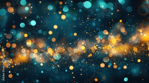 Vibrant Bokeh Effect with Golden and Blue Light Particles in Background