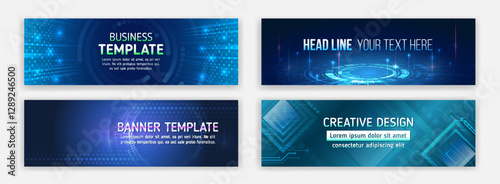 Data protection, internet communication, science, big data, cover design set. Sci-fi vector sample concept. High-tech horizontal banner template. Modern banner design with technology element.