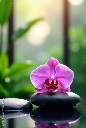 Orchid and lush greenery atop smooth zen stones, oriental spa ambiance, harmony, balance, petals