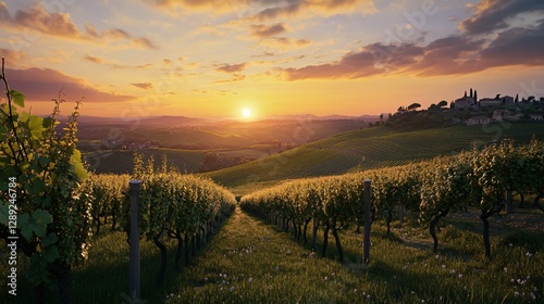 Panoramic View of Vineyards at Sunset in Langhe-Roero Wine Region