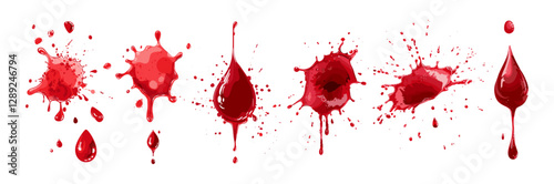 Red blood drop splash vector set isolated on white or transparent, fluid splatter, plasma drip, medical graphic, realistic hemoglobin, healthcare element, biology design