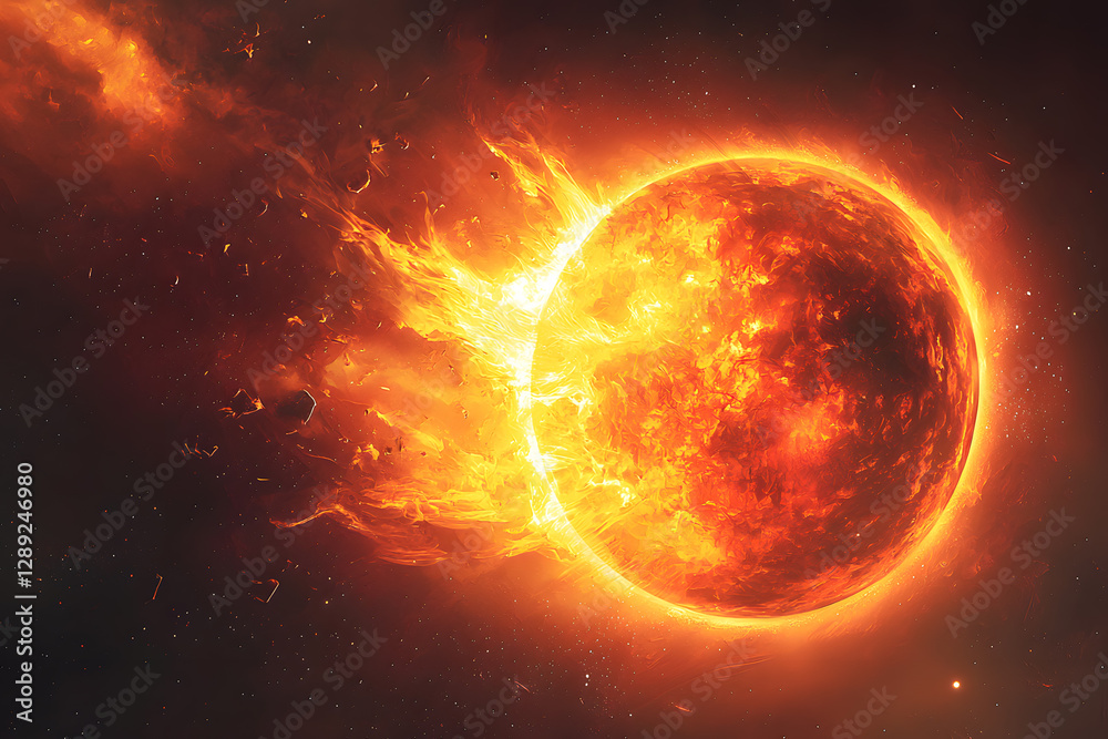 A hyperrealistic image of the sun with enormous plumes of fire and plasma erupting from its core A hyperrealistic image of the sun with enormous plumes of fire and plasma erupting from its core