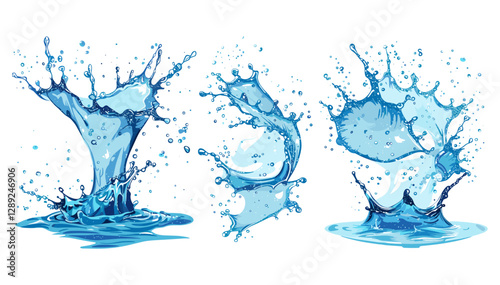 Splashing water vector set, isolated on white or transparent PNG, liquid splash, blue water drops, realistic aqua wave, clear fresh water, editable illustration, fluid motion