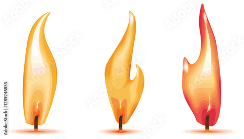 Three candle flames vector set isolated on transparent background, realistic fire glow, warm light source, flickering illumination, burning wax candles, glowing wick