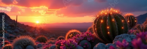 Desert cactus adorned with twinkling lights against a warm sunset sky, desert, flowers