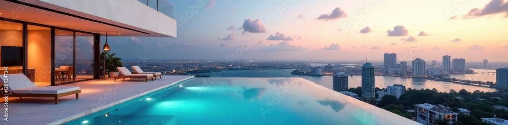 Sleek Miami villa rooftop infinity pool, city view , city, blue Sleek Miami villa rooftop infinity pool, city view , city, blue