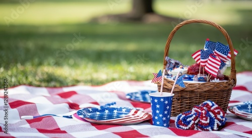Fourth of July picnic setup with patriotic decorations and snacks in a basket