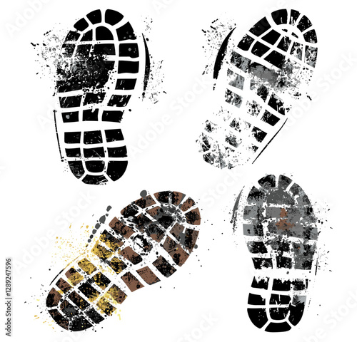 Shoe prints vector with grunge stamp texture, rough sole imprint, boot tread, dirty footprint, isolated on transparent background, muddy shoe tracks, rugged sole pattern