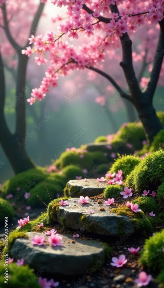 Sakura blossoms scattered on a moss-covered stone, organic, forest Sakura blossoms scattered on a moss-covered stone, organic, forest