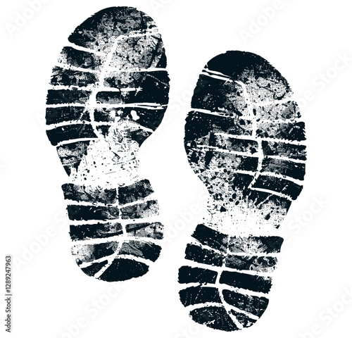 Vector shoe prints with distressed stamp texture, grunge footprint, sole imprint, isolated on transparent background, dirty boot tracks, sneaker tread, muddy shoe trail