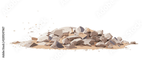 Small quartz stones and fine sand pile, vector, side view, isolated on white, with clipping path, natural granules, tiny pebbles, crushed minerals, decorative aggregates