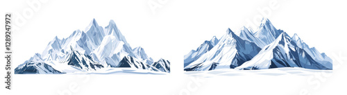 Vector landscape of snow mountains, isolated PNG on white, alpine winter peaks, icy mountain range, frozen nature scene, highland ridge, cold wilderness, snowy hilltops