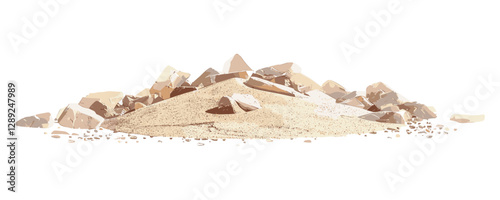 Vector fine sand pile and small quartz stones, isolated on white, side view, with clipping path, beach sand, natural texture, construction material, crushed rock, landscaping gravel