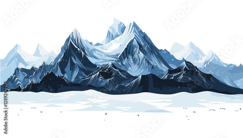 Vector winter mountain landscape, isolated PNG, snow-covered peaks, icy nature scene, white alpine background, frozen summits, cold highland valley, majestic mountain range