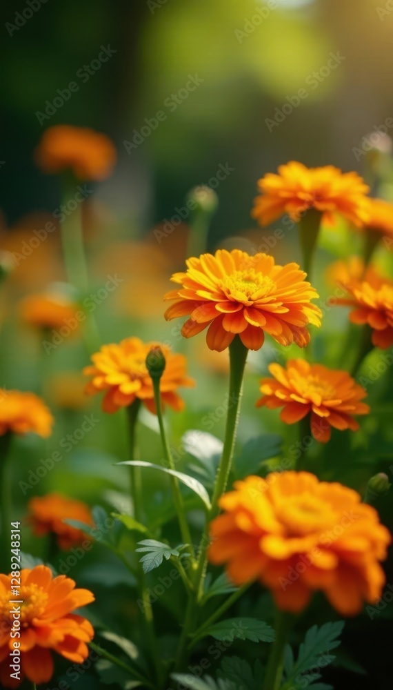 Sunny garden scene with blooming orange calendula and marigold flowers, calendula, garden, flowers in garden Sunny garden scene with blooming orange calendula and marigold flowers, calendula, garden, flowers in garden