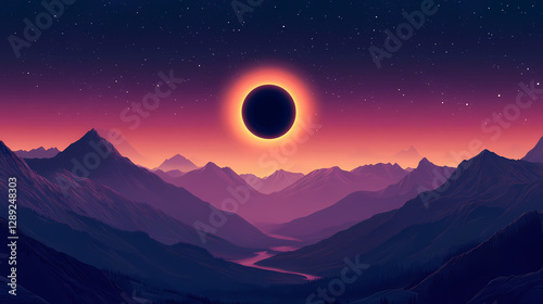 Solar eclipse happening at evening over the mountains , moon is also depicted. Solar Eclipse Over Mountains. Illustration