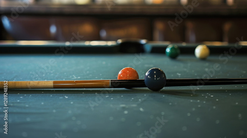 billiard table with balls and cues