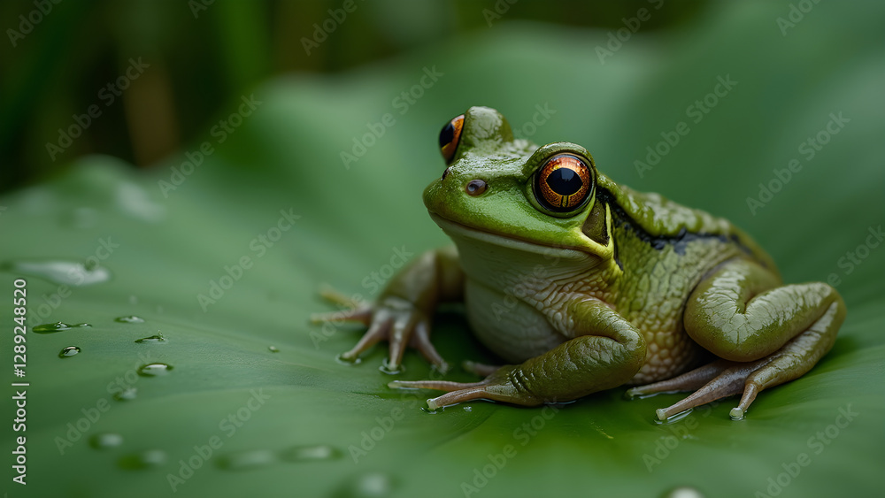 Frog on lotus leaf in monsoon. Beautiful nature scene with frog and leaf. Ultra realistic frog resting. Monsoon wildlife photography inspiration. Frog on lotus leaf in monsoon. Beautiful nature scene with frog and leaf. Ultra realistic frog resting. Monsoon wildlife photography inspiration.