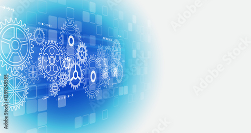 Cogwheel for science experiment presentation. Mechanical engineering concept. Business and industry internet banner. The mechanism consisting of gears on a blue background for the presentation.