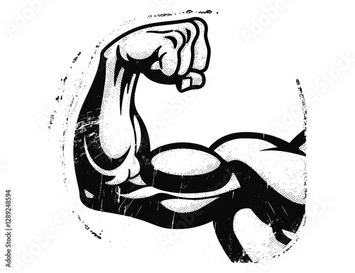 Vector strong arm flexing biceps, retro stencil illustration, grunge style stamp, distressed texture, isolated on transparent background, muscle strength, vintage emblem
