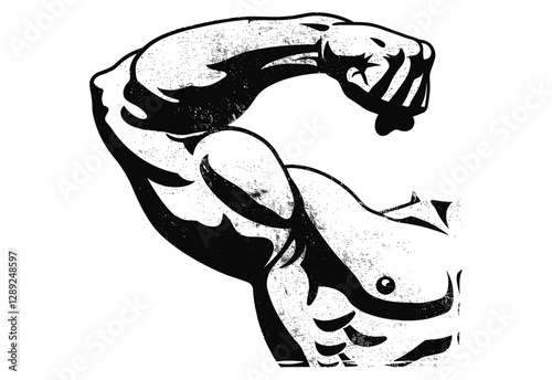 Strong arm flexing biceps vector, retro stencil design, distressed grunge stamp, transparent background, bodybuilding icon, masculine power, vintage badge