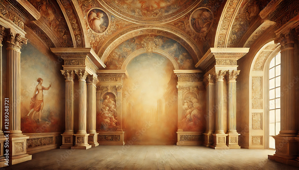 Fototapeta premium The beautiful walls of the old palace, covered with paintings and artistic pictures, radiating holiness and humility