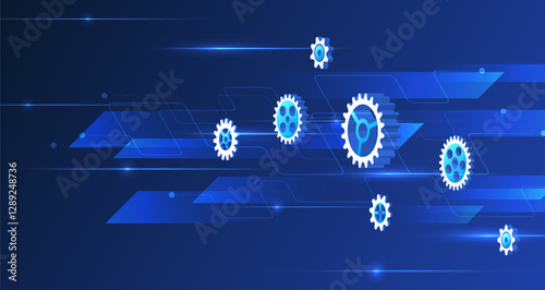 Business and industry internet banner. The mechanism consisting of gears on a blue background for the presentation. Cogwheel for science experiment presentation. Mechanical engineering concept.