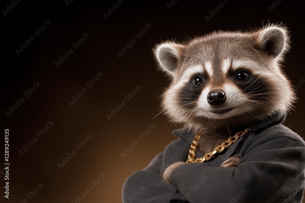 Obraz premium Businessman with raccoon head in charcoal suit and gold chain stands proudly in studio lighting