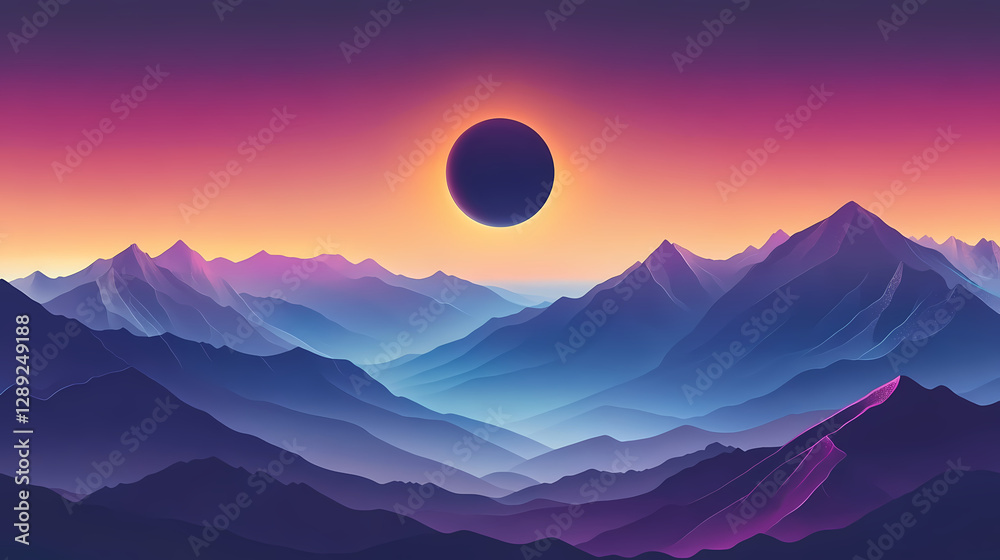 Fototapeta premium Stunning solar eclipse over rugged mountains during twilight. Solar Eclipse Over Mountains. Illustration