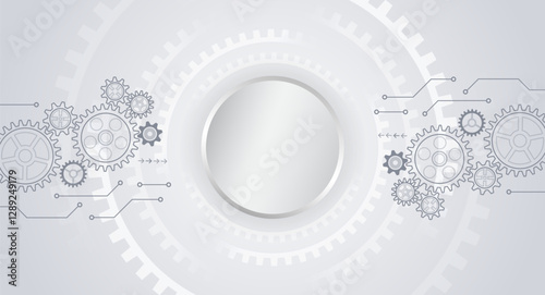 Mechanical engineering concept. Business and industry internet banner. The mechanism consisting of gears on a grey background for the presentation. Cogwheel for science experiment presentation.