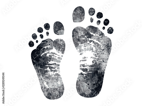 Stylized vector human footprints in grunge stamp style, isolated on transparent background, footprint imprint, shoe print texture, dirty sole marks, grunge effect, ink splatter