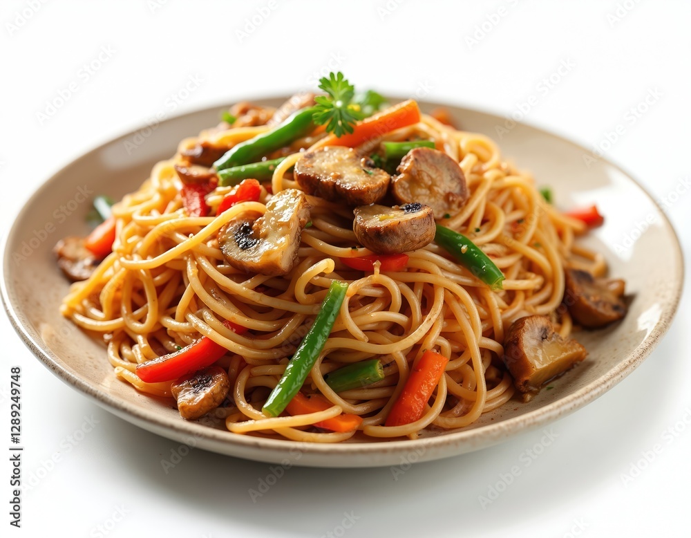 Stir fried noodles with vegetables for Chinese vegetarian festival. Noodles with mushroom, pepper, carrots on plate. Spaghetti dish with tomato sauce, herbs, tasty vegan cookery, healthy veggie Stir fried noodles with vegetables for Chinese vegetarian festival. Noodles with mushroom, pepper, carrots on plate. Spaghetti dish with tomato sauce, herbs, tasty vegan cookery, healthy veggie