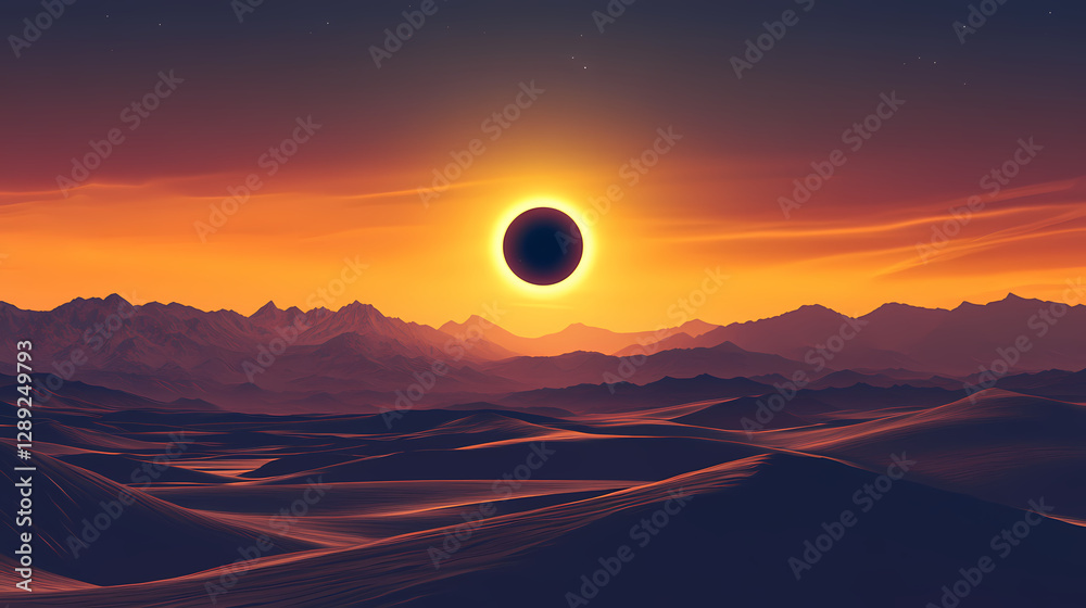 Fototapeta premium Total solar eclipse over desert mountains. solar plains. illustration. Solar Eclipse Over Mountains. Illustration