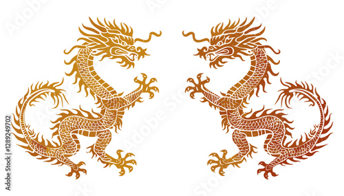 Symmetrical Chinese dragon stencil vector illustrations with golden glitter effect, Lunar New Year 2026, Year of the Dragon, mythical creature, traditional art
