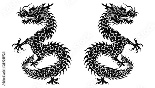 Symmetrical Chinese dragon stencil illustrations in black ink, vector isolated on transparent background, Lunar New Year 2026, Year of the Dragon, traditional Asian art