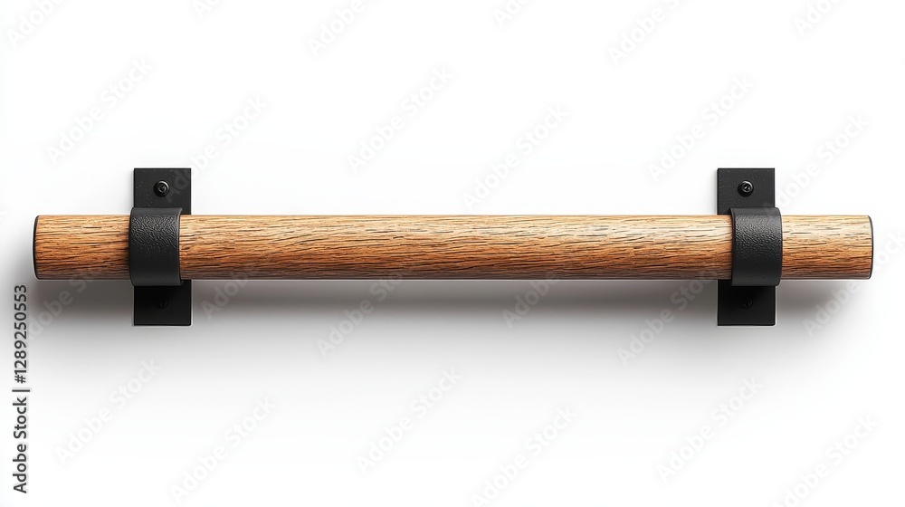 A wooden bar secured with metal brackets, likely used for support or decorative purposes in a minimalist design.