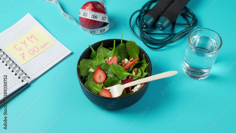 Healthy lifestyle concept, Fresh salad, sport equipment, a note for gym, water, an apple with a measuring tape for weight loss concept, blue backgrounds