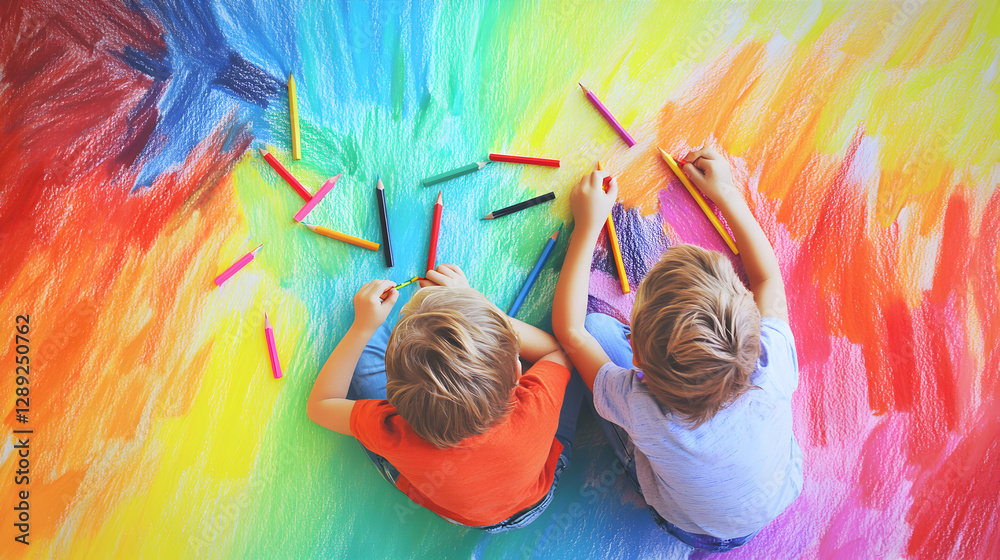 dos niños sentados sobre un fondo colorido pintado con crayones o pintura de acuarela con colores para dibujar y celebrar el dia del niño felicidad y alegria dos niños sentados sobre un fondo colorido pintado con crayones o pintura de acuarela con colores para dibujar y celebrar el dia del niño felicidad y alegria