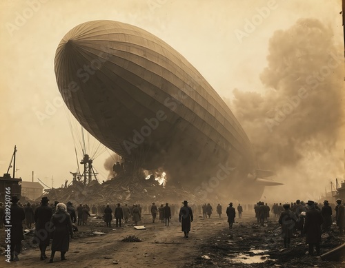 Vintage shot of Hindenburg disaster. Zeppelin burns after fiery explosion. People watching tragic airship accident, catastrophic aviation event 1937 in Lakehurst, New Jersey. Catastrophe background. photo