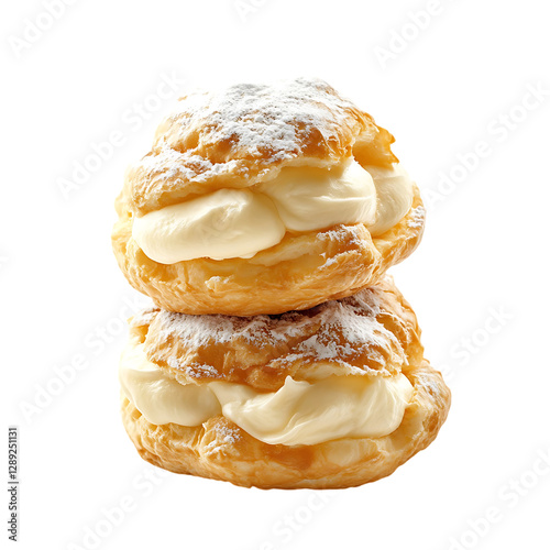 Two cream puffs dusted with powdered sugar, stacked.