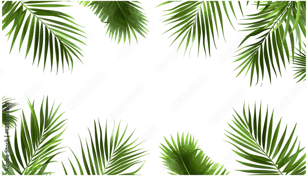 Tropical plant branches with green palm leaves, vector tropical frame on transparent background, jungle foliage border, summer nature frame, exotic botanical template, tropical greenery, Tropical plant branches with green palm leaves, vector tropical frame on transparent background, jungle foliage border, summer nature frame, exotic botanical template, tropical greenery,