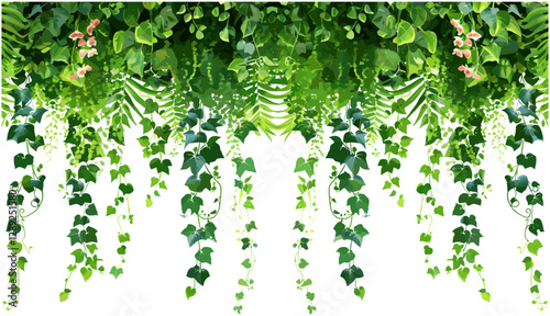 Hanging tropical creeper border, vector green vines, transparent background, botanical frame, lush jungle leaves, nature foliage border, exotic rainforest plant,