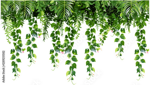 Vector tropical creeper border, hanging vines, green jungle leaves, transparent background, botanical foliage frame, decorative nature border, rainforest plant